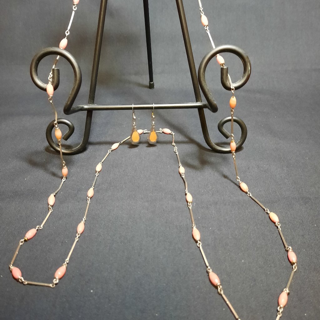 Necklace And Earring Set Coral Pink With Silver Tone Metal